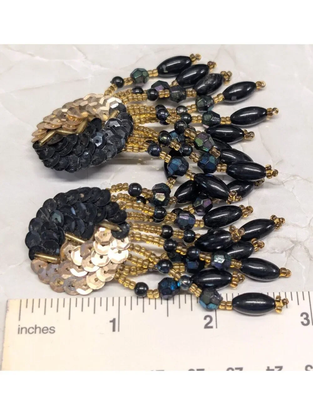 Unknown Clip-On Earrings 2 Inch Length Black Gold Beaded Sequin Detailed Retro A